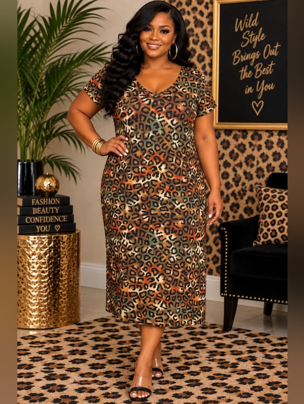 Leopard Print V-Neck Midi Dress - Brown Size 3x